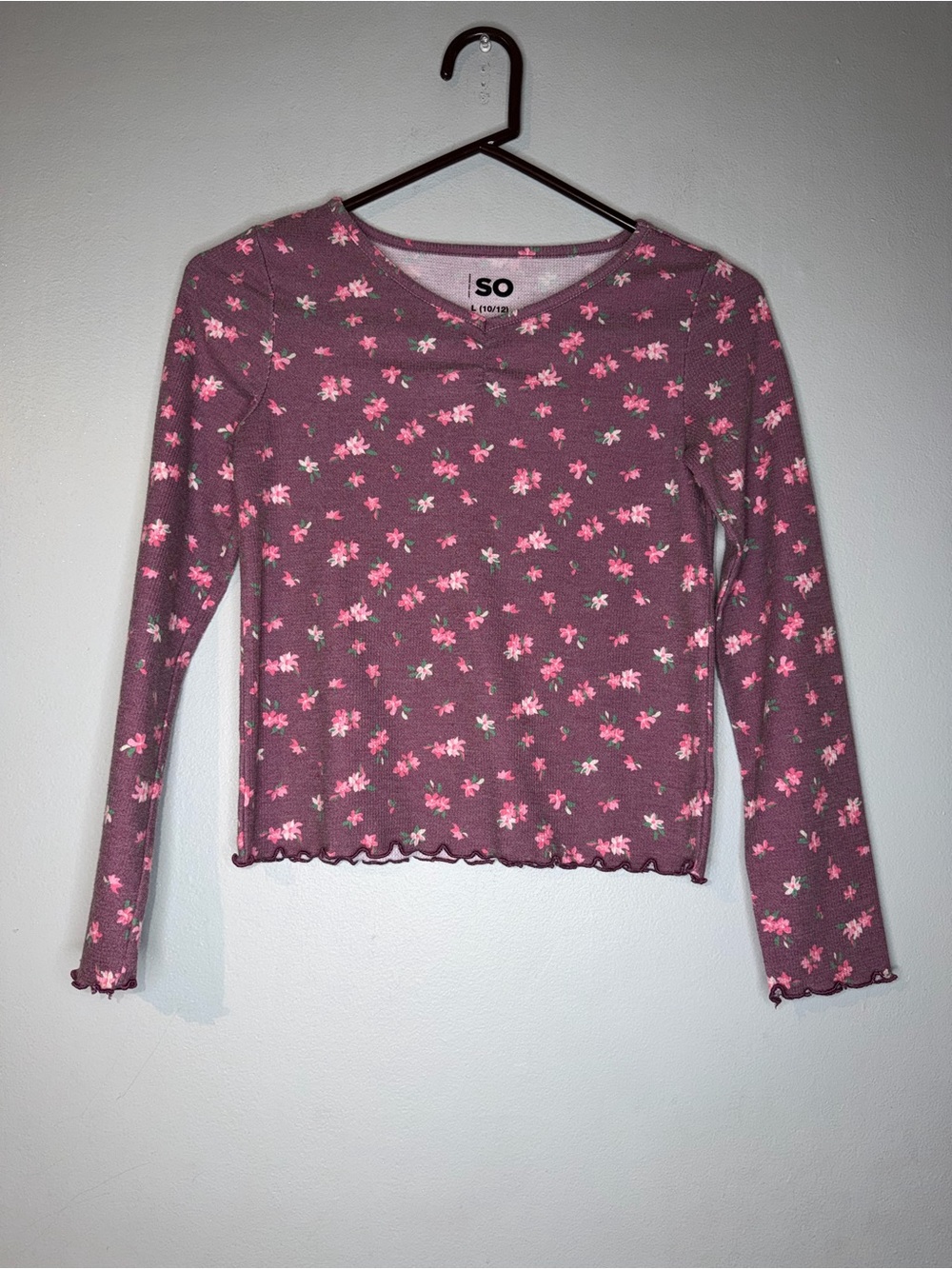 SO Purple Floral Ruffle-Hem Long Sleeve Tee